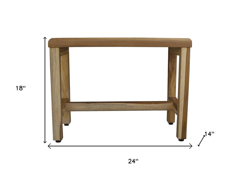 Natural teak rectangular bench with lower shelf; 24 in wide, 18 in high.