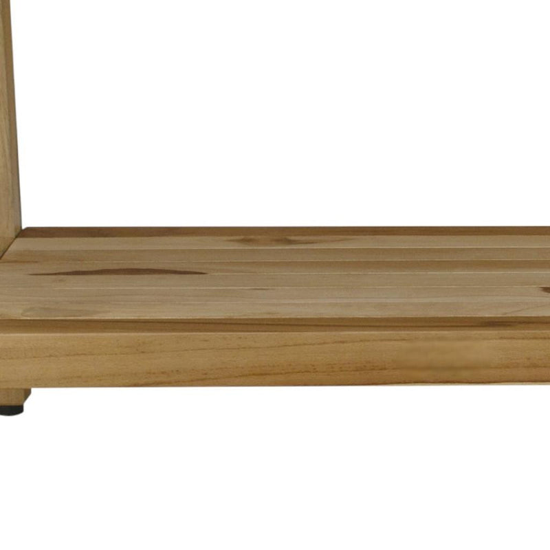 Teak shower bench top edge and slatted surface with natural grain pattern