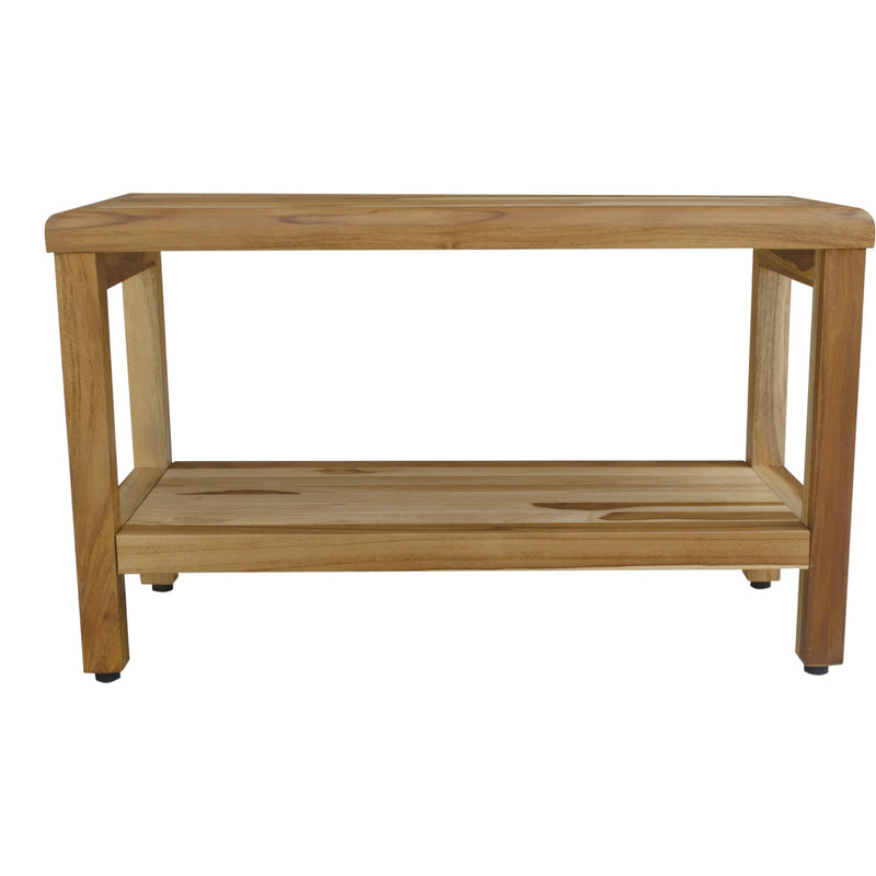 Teak shower bench with open lower shelf and rectangular slatted top