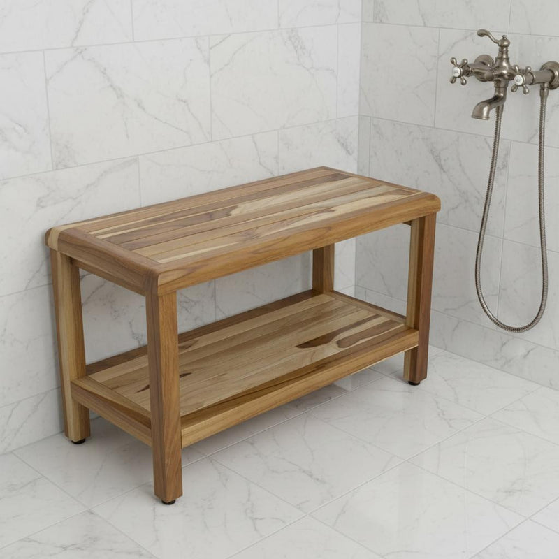 Teak shower bench with two shelves and slatted top for bathroom use