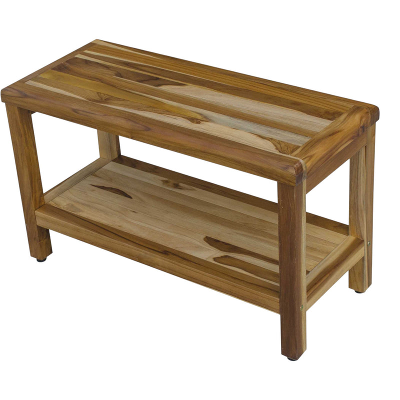 Rectangular teak shower bench with slatted top and open bottom shelf