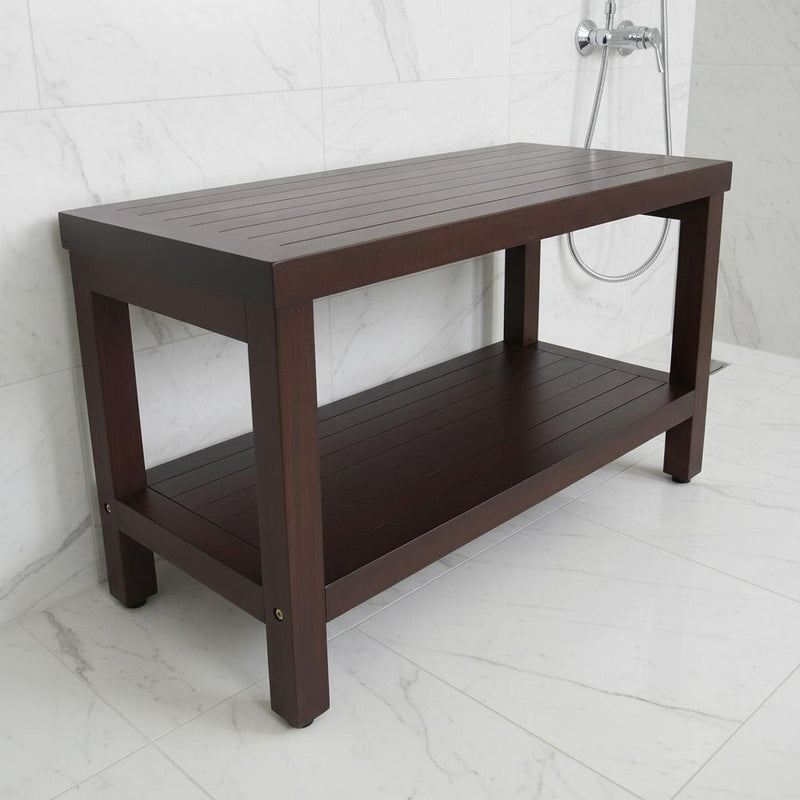 Rectangular Teak Shower Stool Or Bench With Shelf In Brown Finish - Bed & Bath