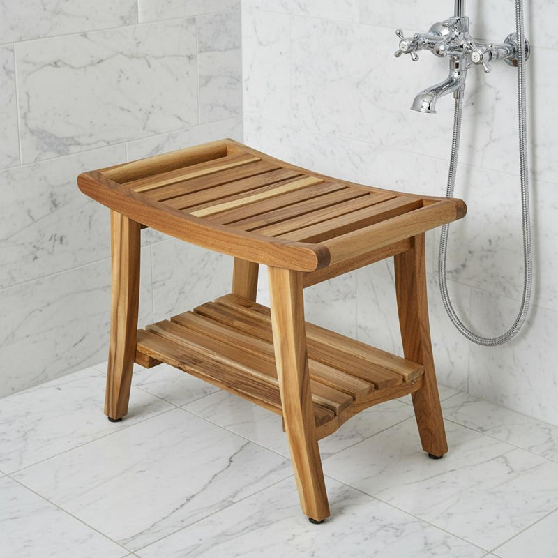 Teak shower bench with slatted seat and open shelf in bathroom setting, supported by four legs.