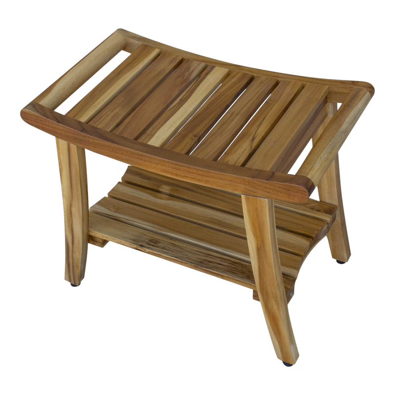 Natural teak shower bench with slatted top and open shelf, rounded seat edge and feet caps.