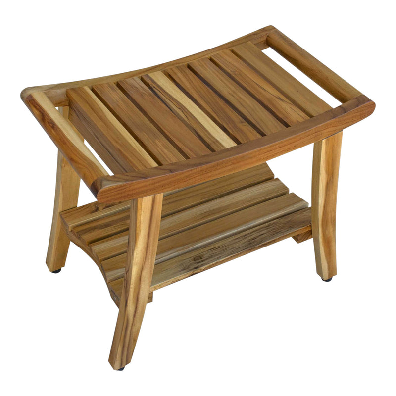 Slatted teak shower bench with open shelf under seat and angled legs for stability.