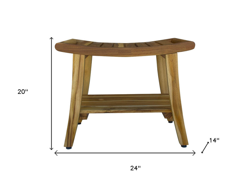 Teak shower bench with open shelf, shown with overall dimensions: 24 in wide, 20 in high.