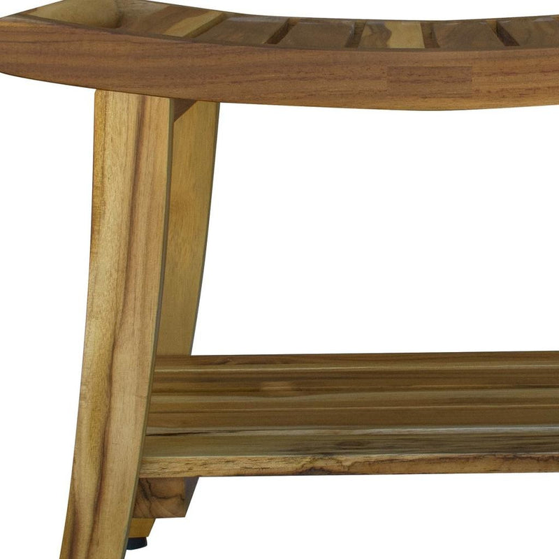 Natural teak shower bench corner view with slatted shelf and sturdy angled leg support.