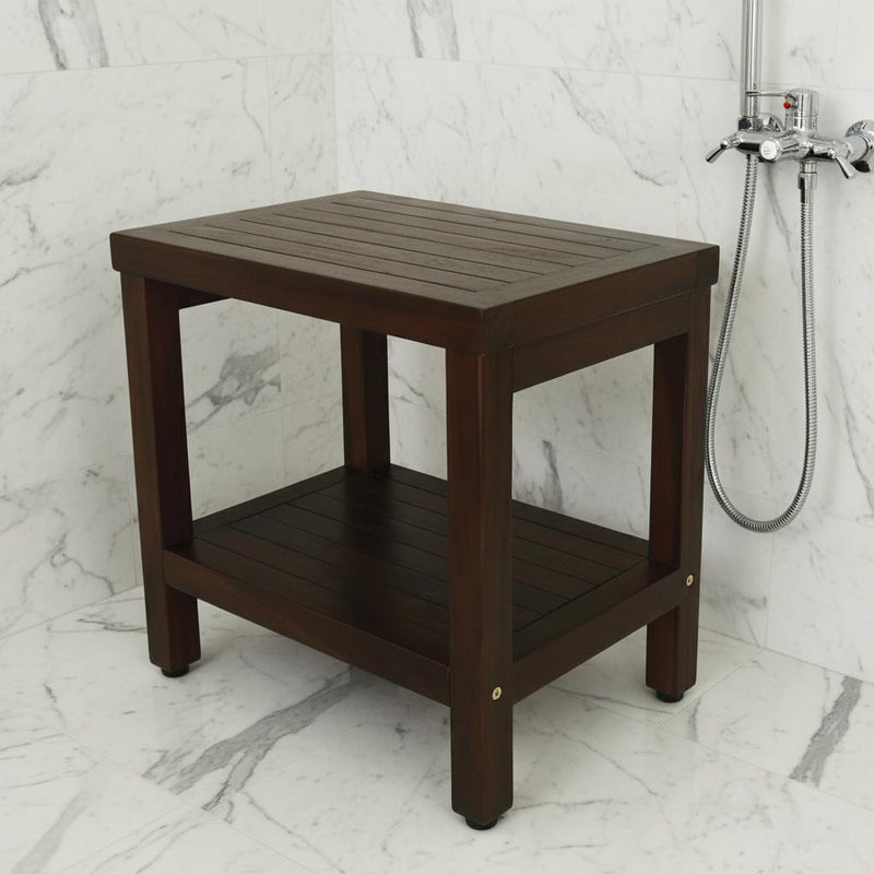Compact Rectangular Teak Shower Or Outdoor Bench With Shelf In Brown Finish - Bed & Bath