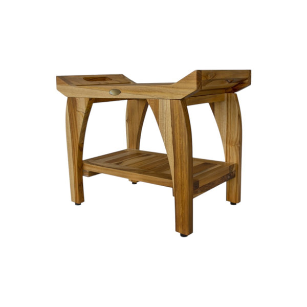 Natural teak shower bench with slatted seat and side handles, compact rectangular frame