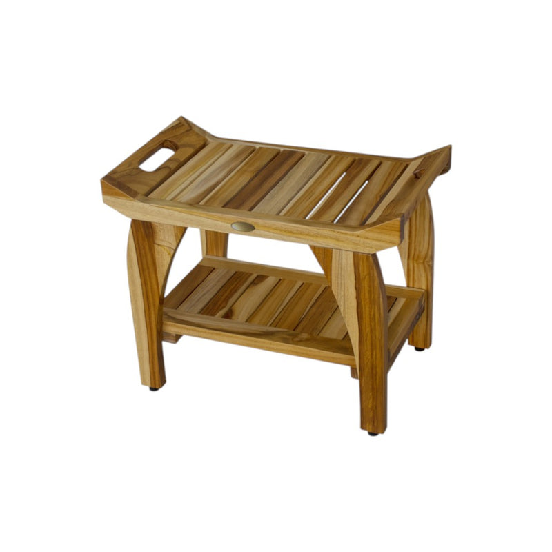 Natural teak shower bench with slatted top and seat, side handle openings, sturdy legs