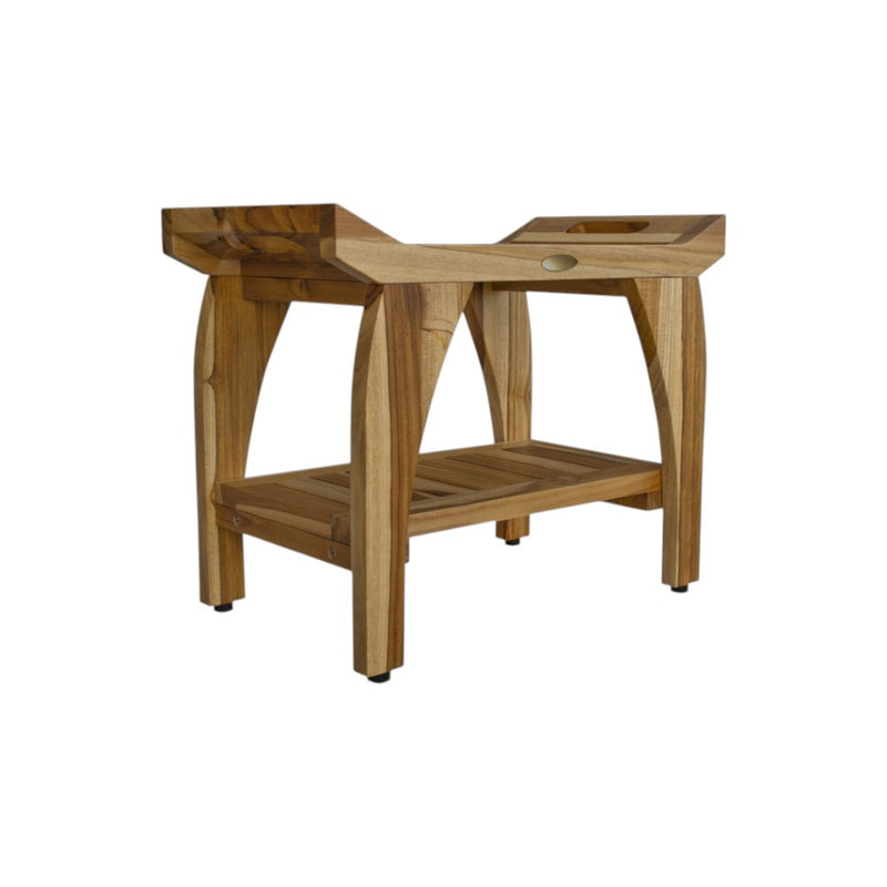 Teak shower bench with slatted seat and lower shelf, rectangular frame, side handle recesses