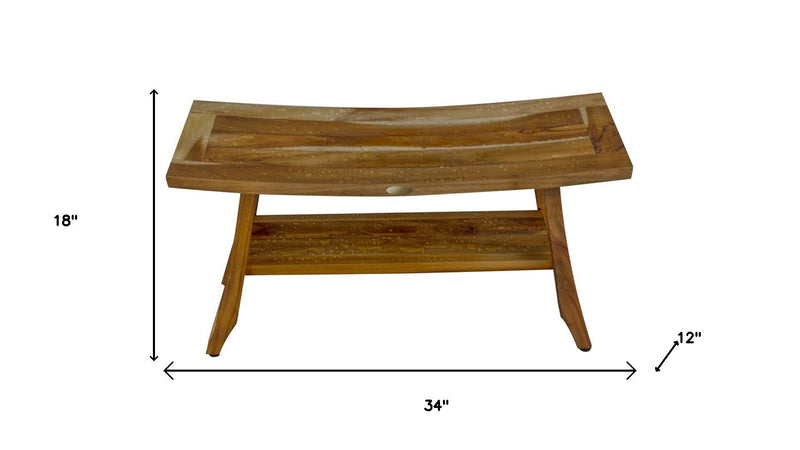 Compact Curvilinear Teak Shower Outdoor Bench With Shelf In Natural Finish - Bed & Bath