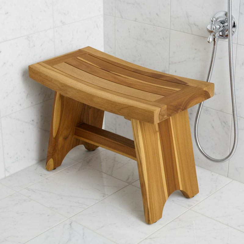 Natural teak bench with slatted seat and rounded tapered legs