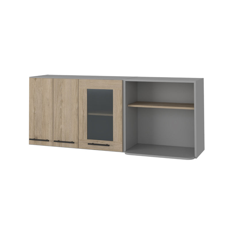 59" Gray and Natural Wood Wall Mounted Accent Cabinet With Three Doors - Kitchen & Dining
