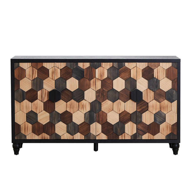 Geometric wood sideboard with four doors, black base, and dark round feet