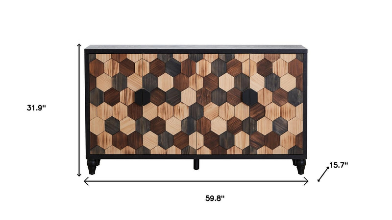 Geometric wood sideboard with four doors, 31.9H x 59.8W measurements