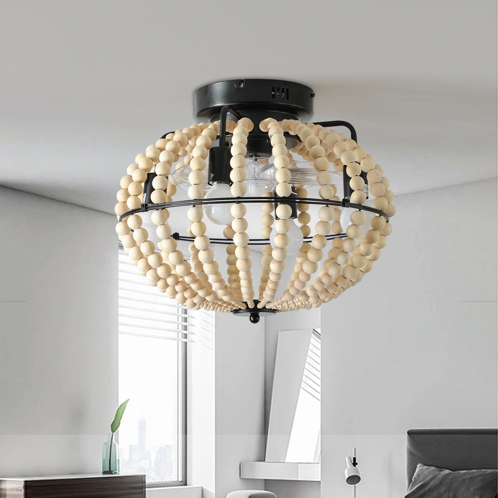 White Four Light Metal Smart Enabled Semi-Flush Chandelier With White Shades