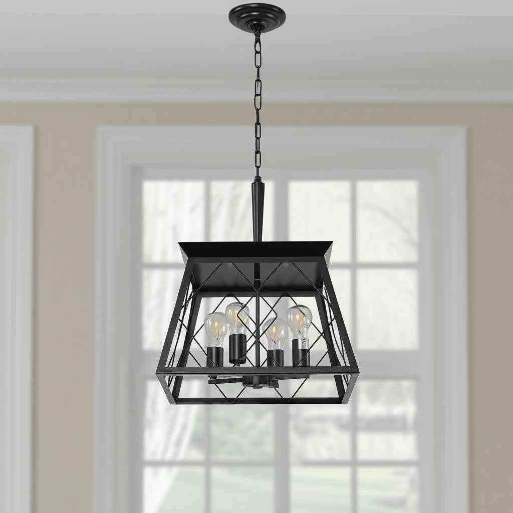 Black Four Light Metal Chandelier With Black Shades