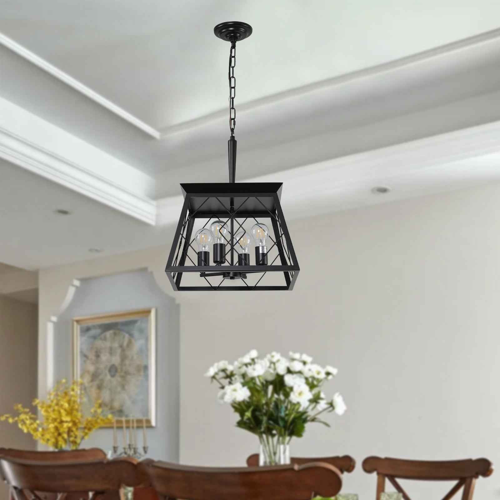 Black Four Light Metal Chandelier With Black Shades