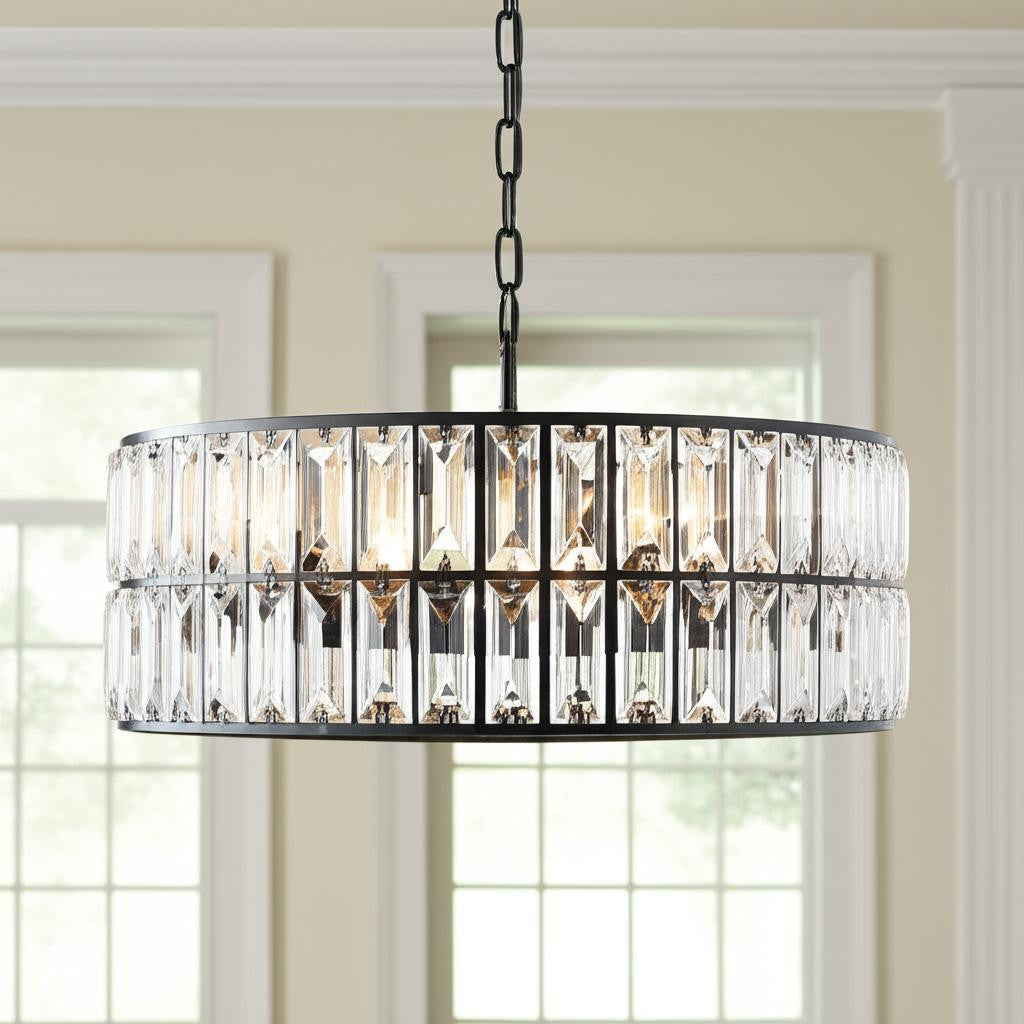Black Six Light Metal Chandelier With Black Shades