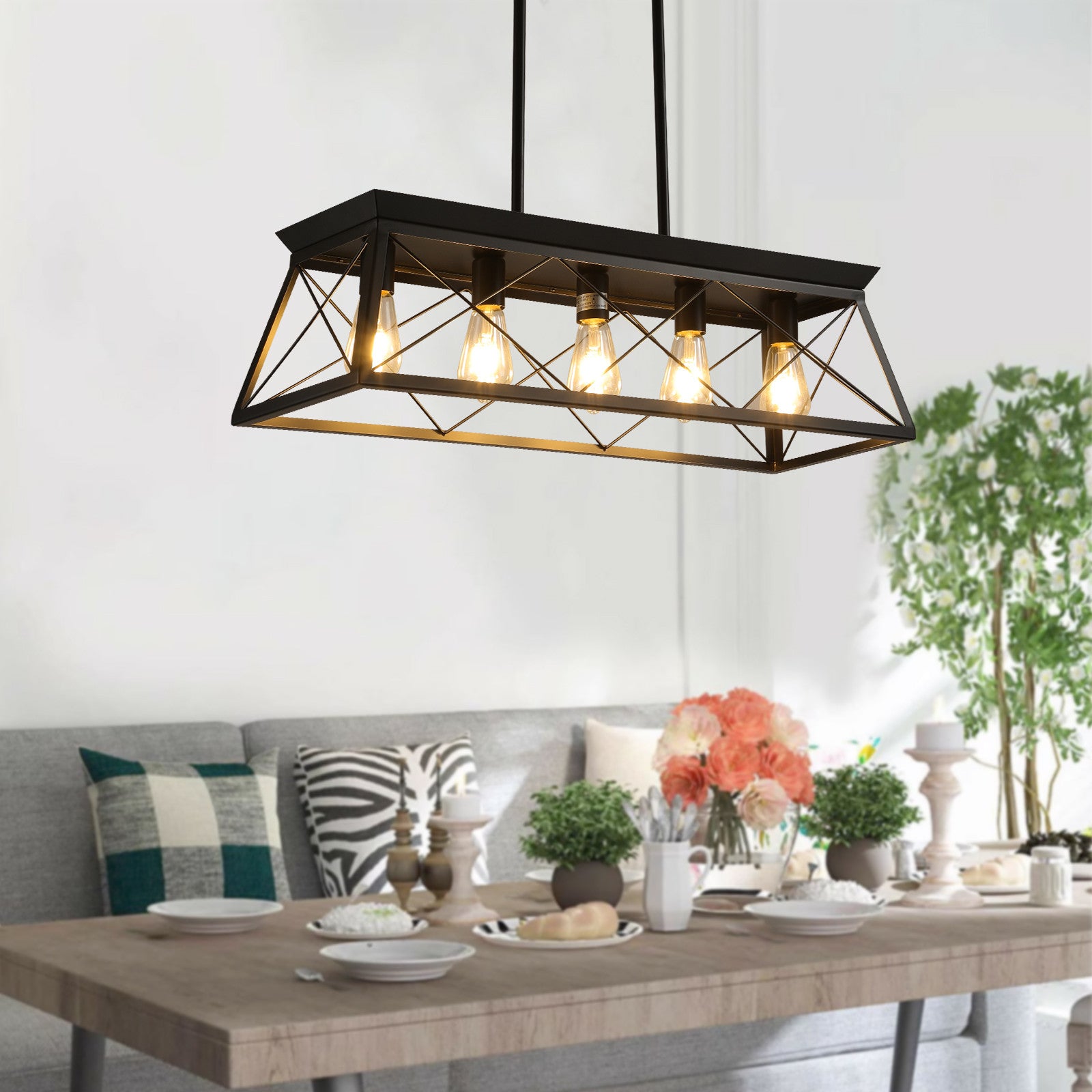 Black Five Light Metal Chandelier With Black Shades