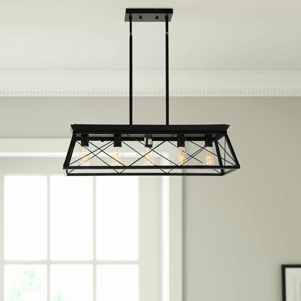 Black Five Light Metal Chandelier With Black Shades