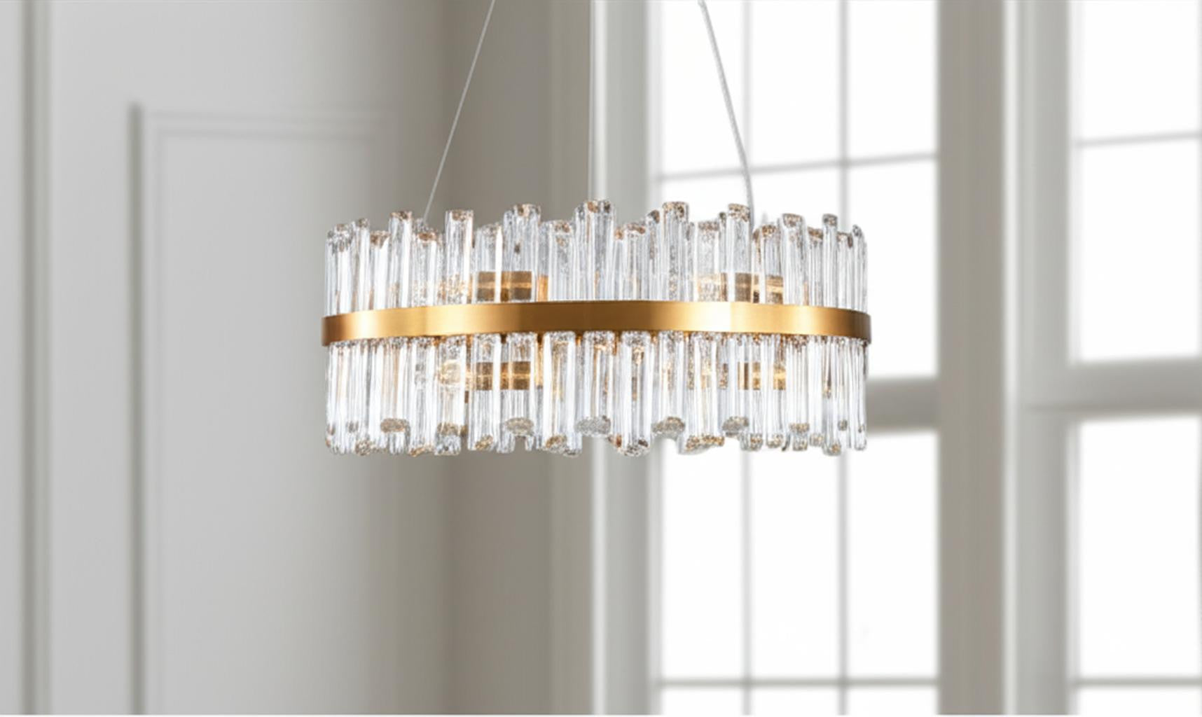 Gold Twelve Light Metal Chandelier With Gold Shades