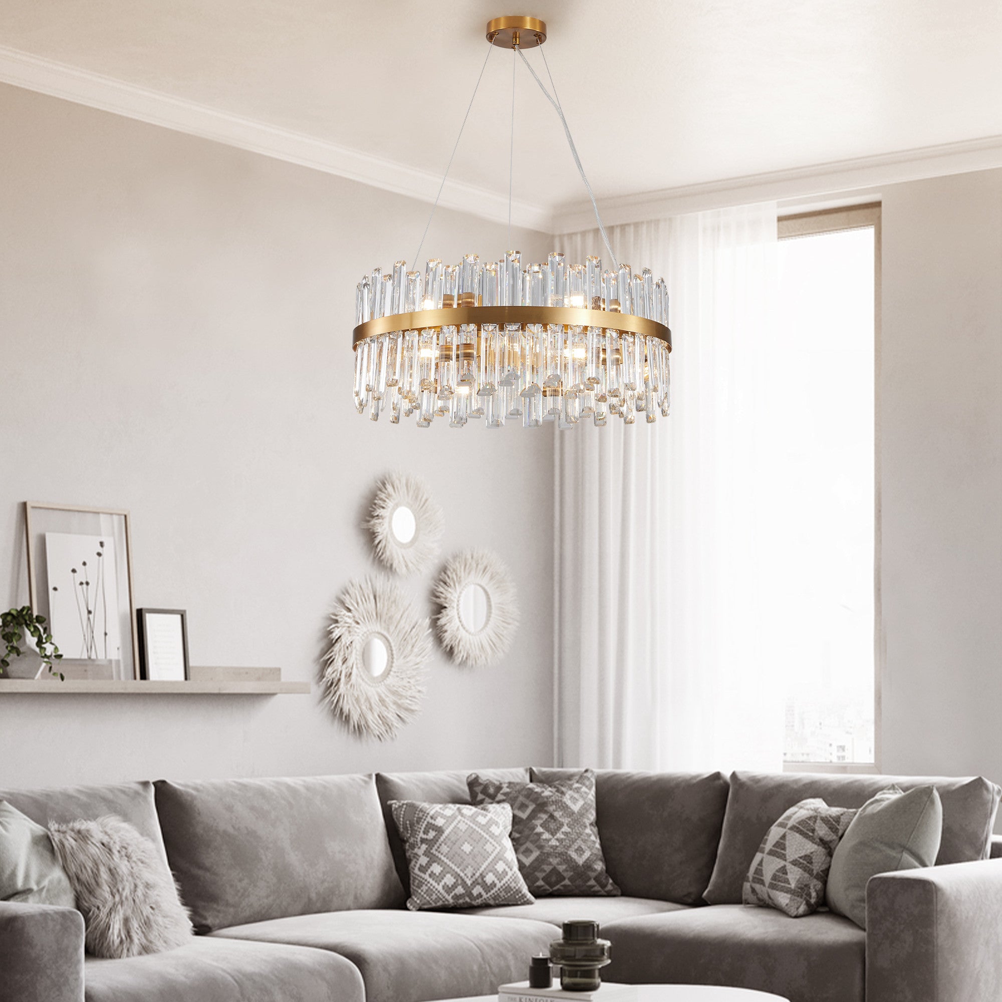 Gold Twelve Light Metal Chandelier With Gold Shades