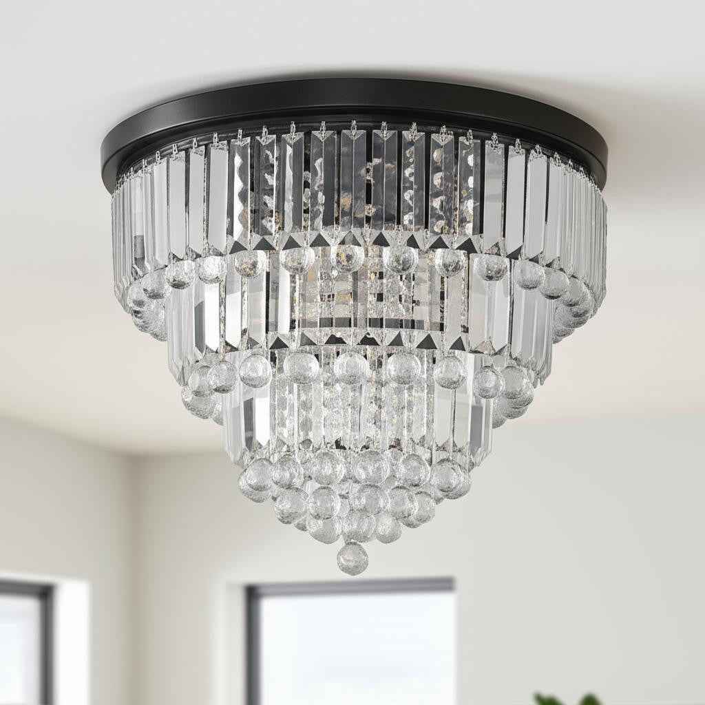 Black Six Light Crystal Flush Chandelier With Black Shades