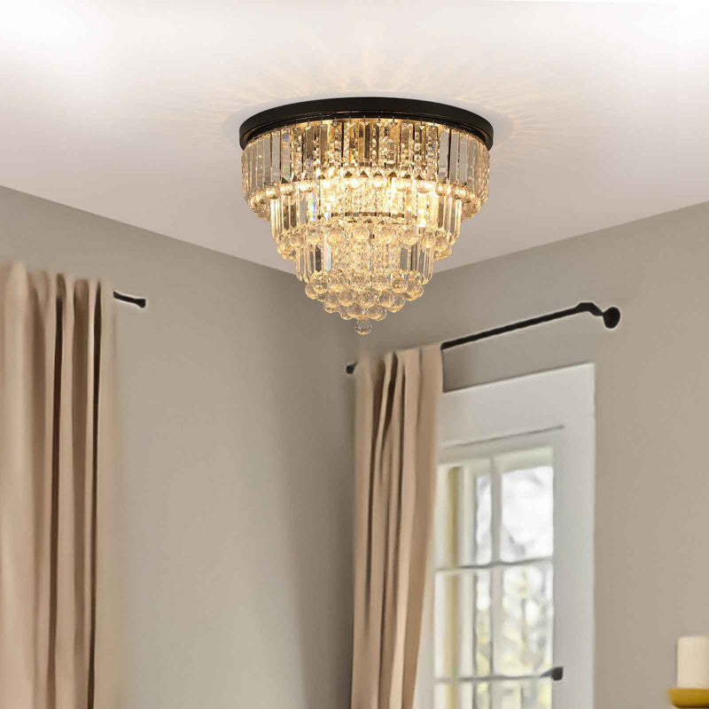 Black Six Light Crystal Flush Chandelier With Black Shades
