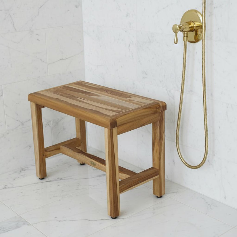 Natural teak compact rectangular bench with lower shelf, tapered legs.