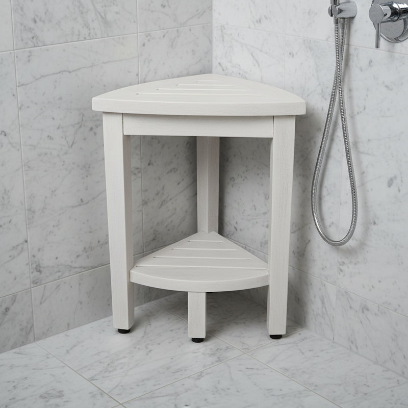 Compact Teak Corner Shower Stool With Shelf In Whitewash Finish - Bed & Bath