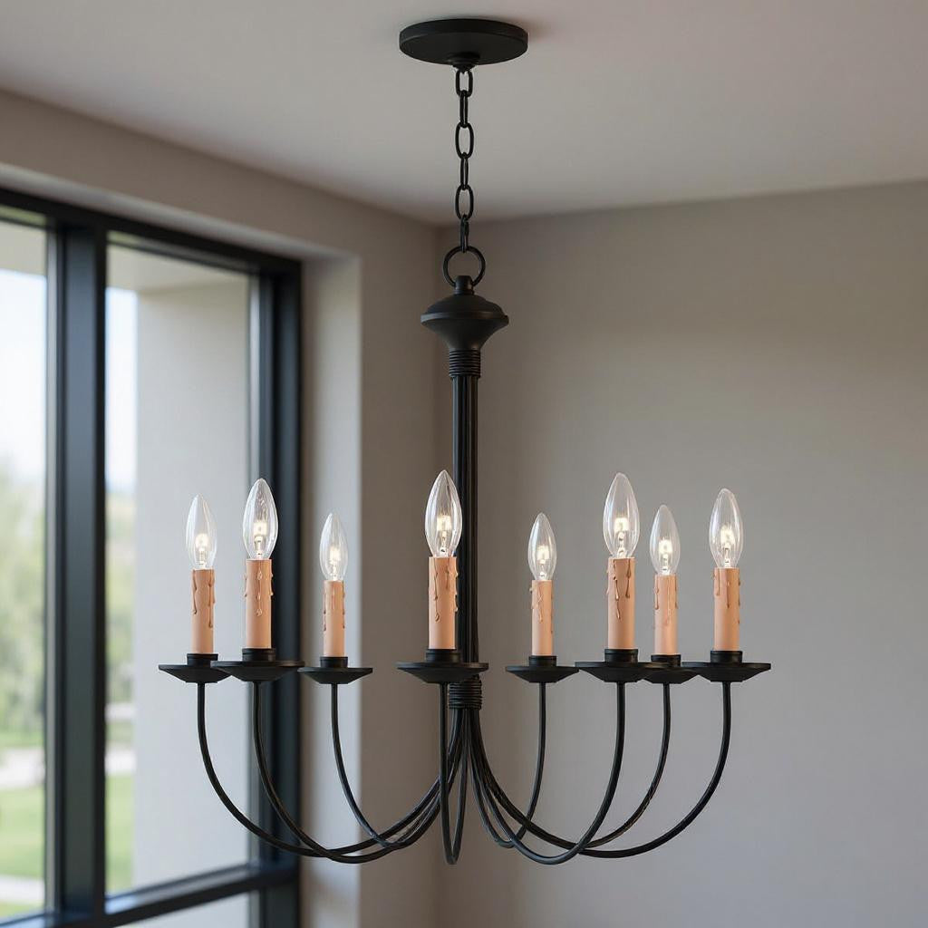 Black Eight Light Dimmable Chandelier With Shades