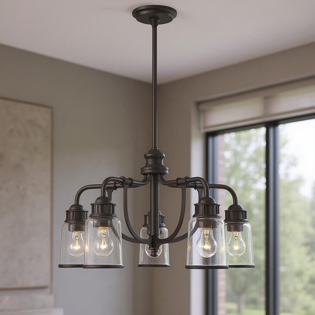 Bronze Five Light Dimmable Chandelier With Shades