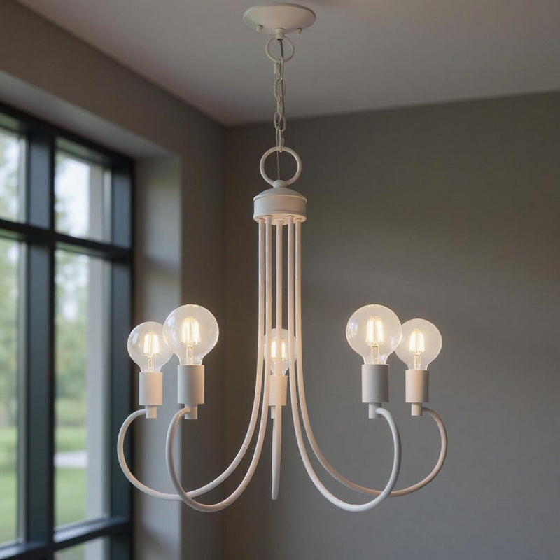White Five Light Dimmable Chandelier With Shades