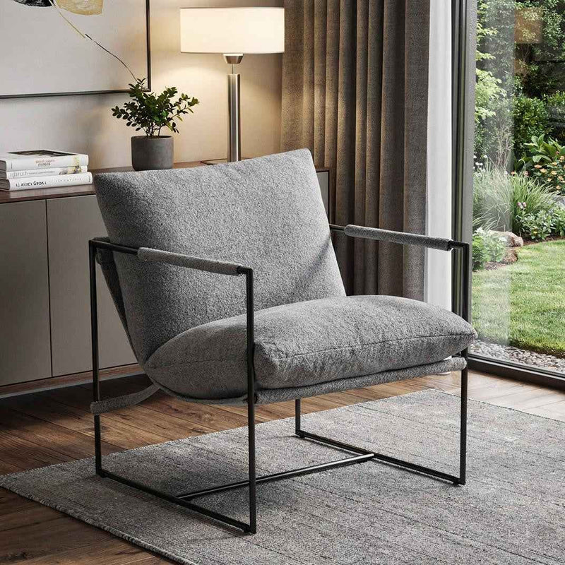 35" Gray and Black Boucle And Metal Sling Arm Chair