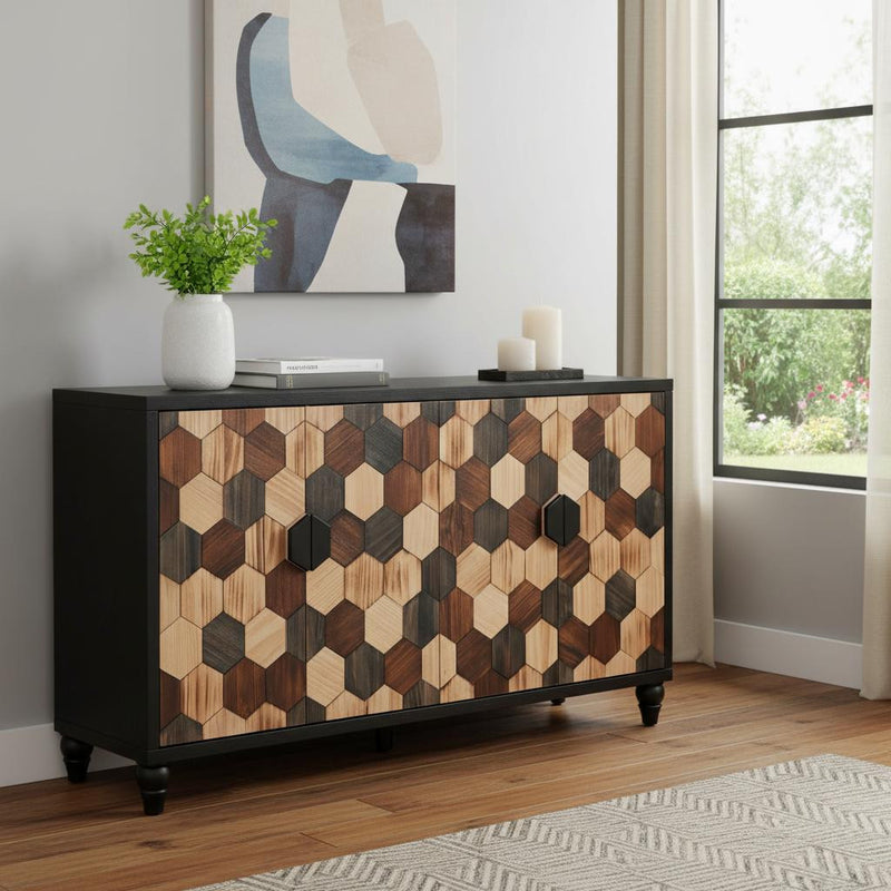 Brown wood sideboard with geometric paneled doors and four black knobs