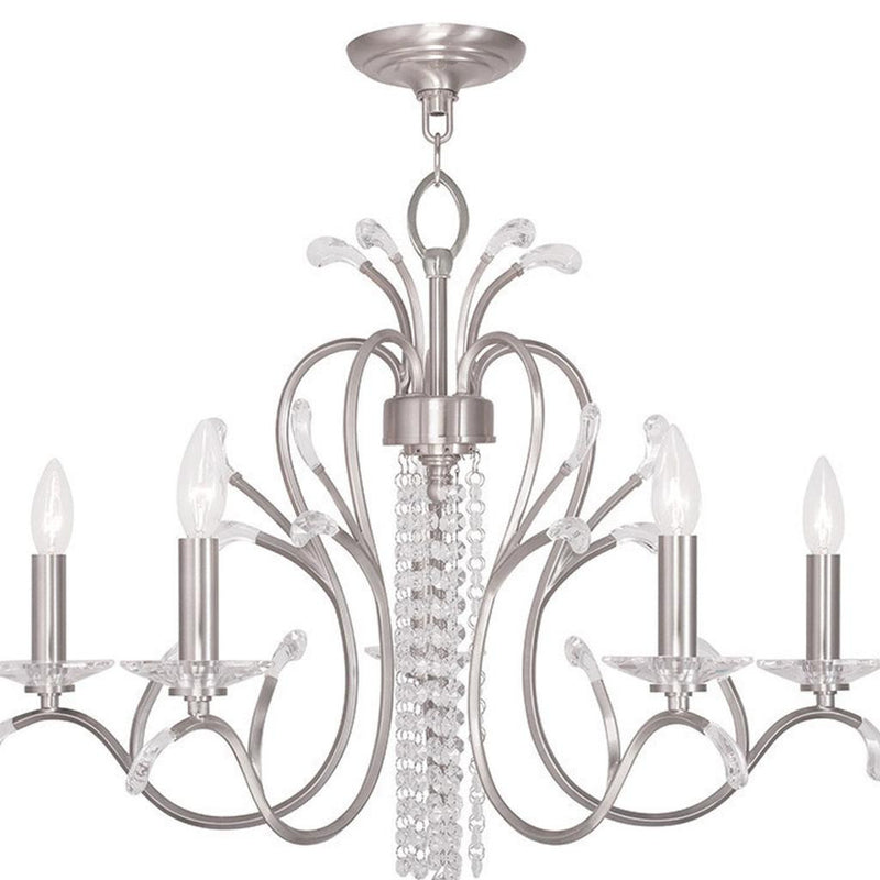 Nickel And Clear Five Light Metal Dimmable Chandelier With Shades