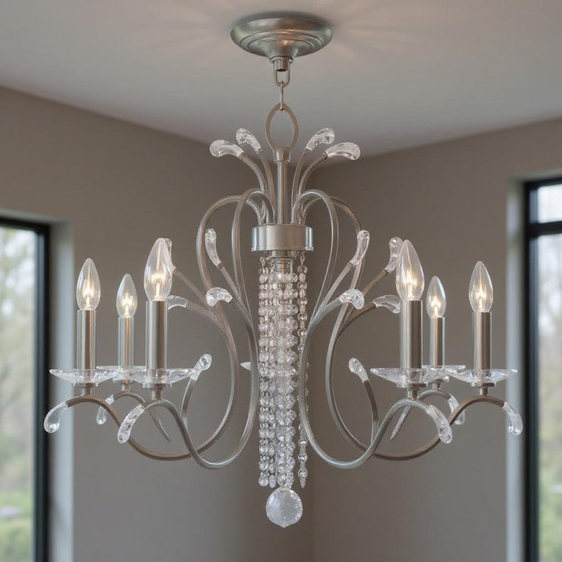 Nickel And Clear Five Light Metal Dimmable Chandelier With Shades