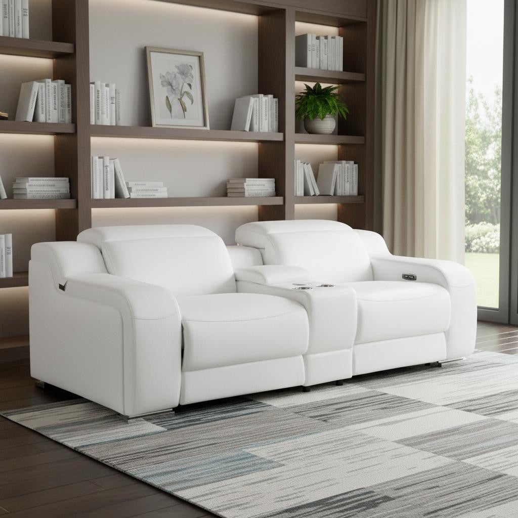 100" White Italian Leather Reclining USB Sofa - Living Room