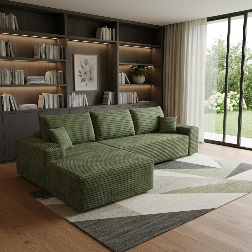 107" Green Corduroy Modular Compression Foam Sofa With Toss Pillows