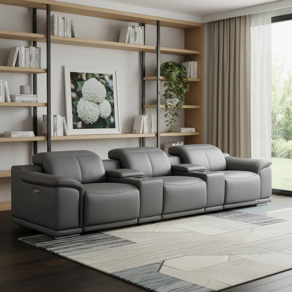 134" Dark Gray Top Grain Leather Reclining USB and Wireless Charger Sofa And Storage - Living Room
