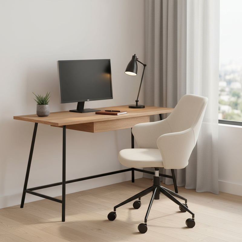 Beige Ivory and Black Adjustable Height Swivel Rolling Office Chair