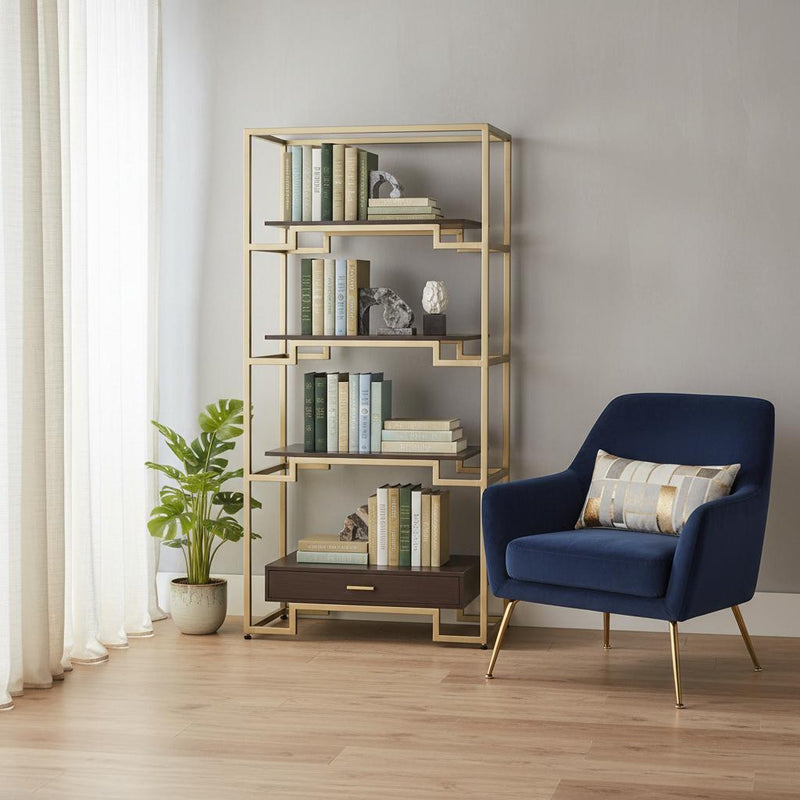 78" Gold and Black Metal Four Tier Etagere Bookcase with a Drawer - Office