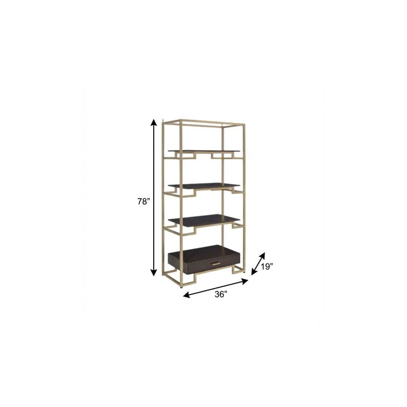 78" Gold and Black Metal Four Tier Etagere Bookcase with a Drawer - Office