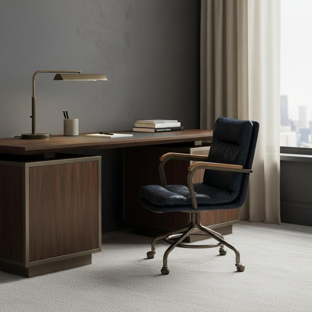 Navy Blue and Dark Brown Swivel Rolling Executive Office Chair - Office