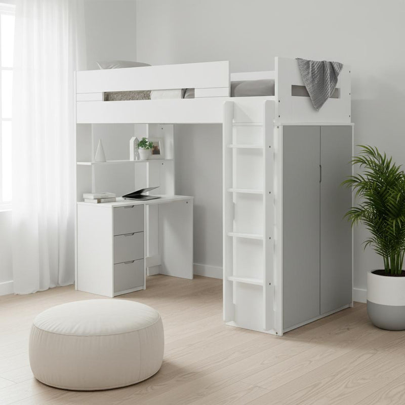 Twin loft bed with desk, ladder, open shelves, and gray cabinet door on side