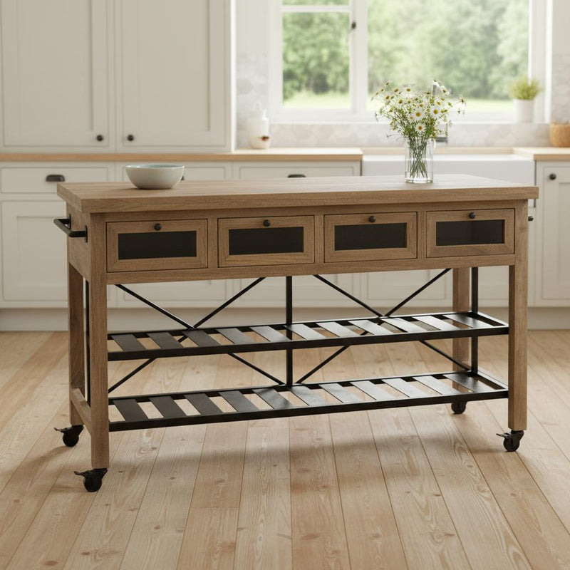 Brown Solid Wood Top Kitchen Island With Two Tier Black Metal Rolling - GreatEagleInc
