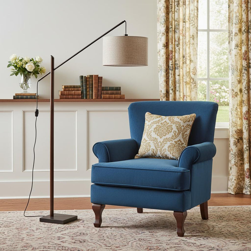 77" Beige And Black Swing Arm Floor Lamp With Beige Fabric Drum Shade - Lighting