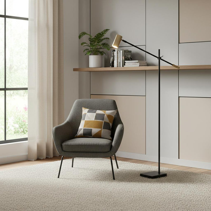 63" Black And Gold Adjustable LED Task Floor Lamp With Antiqued Brass Metal Cylinder Shade - Lighting